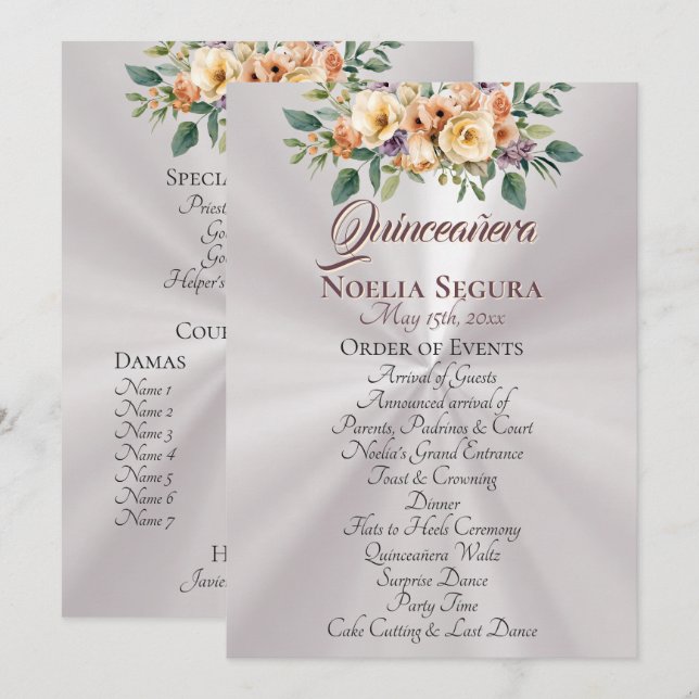 Cream Floral Quinceanera Program - Pearl White Programme (Front/Back)