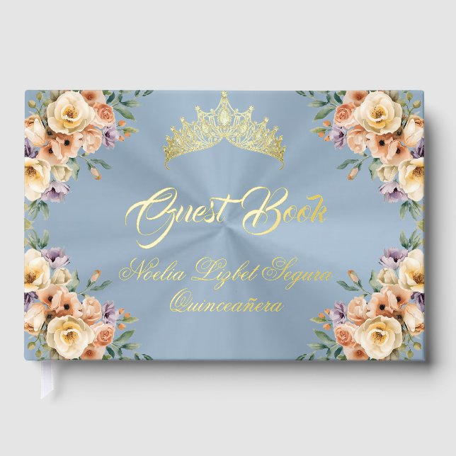 Cream Floral & Tiara - Pastel Blue Guest Book (Front)
