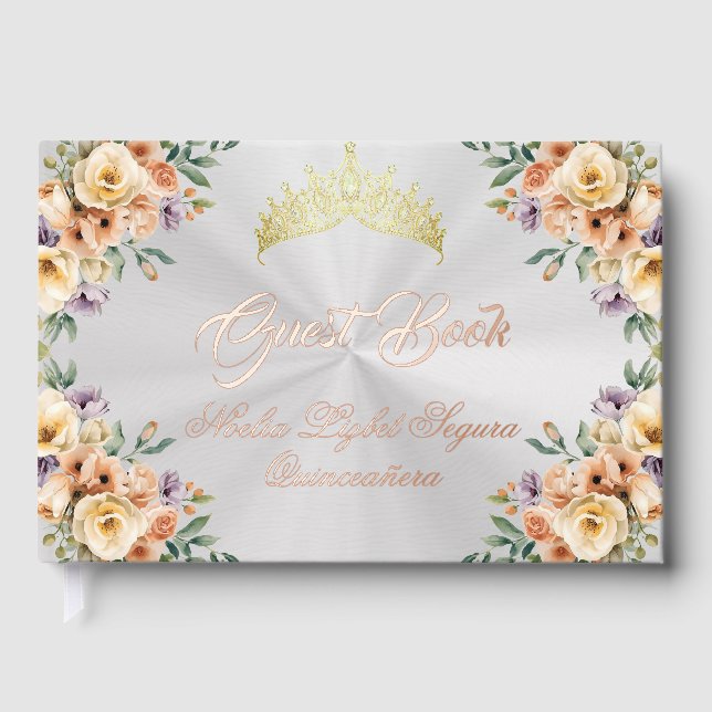 Cream Floral & Tiara - White Pearl Guest Book (Front)