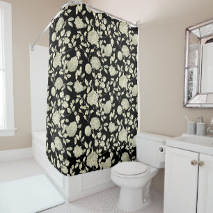 Cream Floral Toile On Black Shower Curtain
