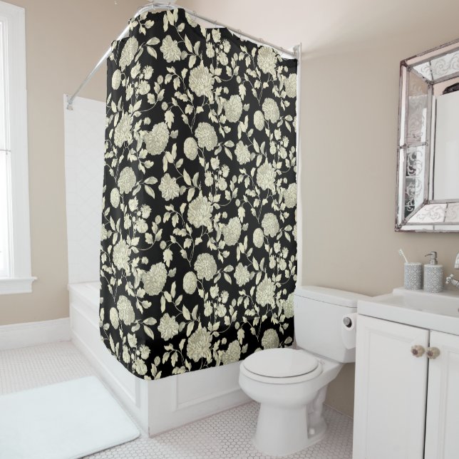 Cream Floral Toile On Black Shower Curtain (In Situ)