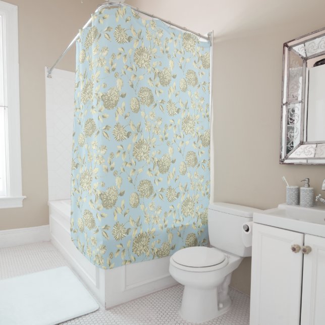 Cream Floral Toile On Blue Shower Curtain (In Situ)