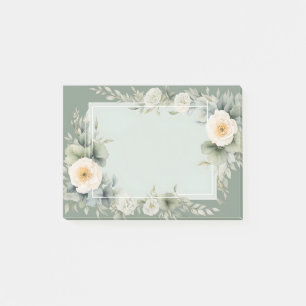 Cream Floral White Frame Sage Green Background Post-it Notes