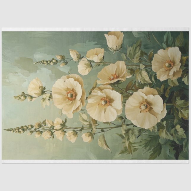 Cream Florals On Green background Tissue Paper (Front)