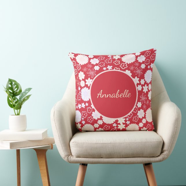 CREAM FLOWER BOUQUET FLORAL PATTERN RED WITH TEXT CUSHION (Chair)