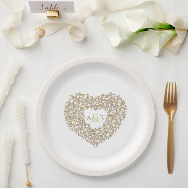 Cream flower wedding tulips heart bouquet monogram paper plate (Wedding)