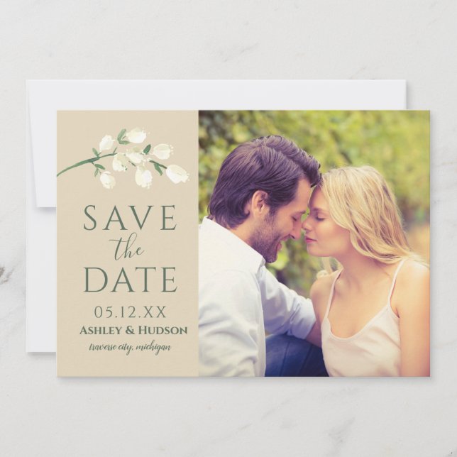 Cream Flowers Green Wedding Photo Save The Date (Front)