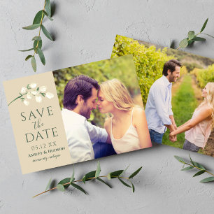 Cream Flowers Green Wedding Photo Save The Date