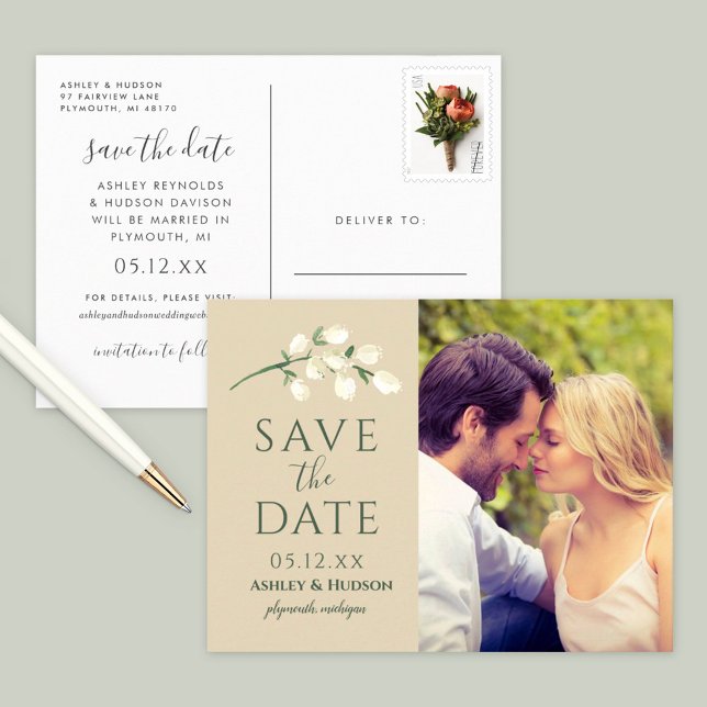 Cream Flowers Green Wedding Photo Save the Date Announcement Postcard (Creator Uploaded)