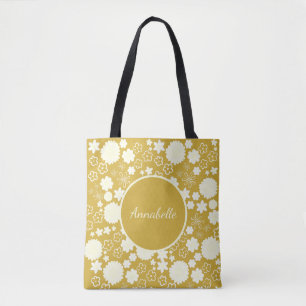 Cream Flowers in Gold Floral Pattern Custom Named Tote Bag
