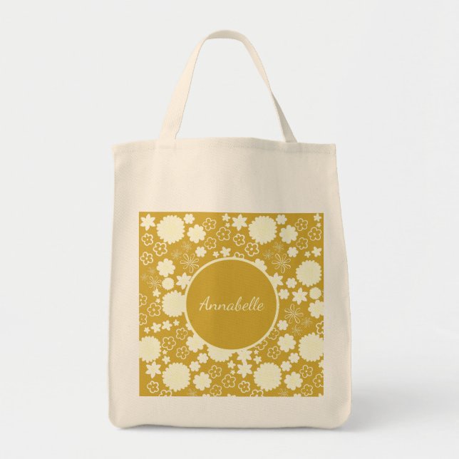 Cream Flowers in Gold Floral Pattern Custom Named  Tote Bag (Front)