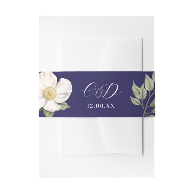 Cream Flowers Navy Wedding Cutlery Band  Invitation Belly Band (Front Example)