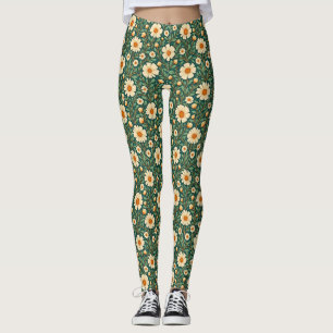 Cream Flowers on Green Leggings