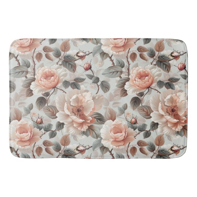 Cream flowers with grey leaves on a light grey  bath mat (Front)