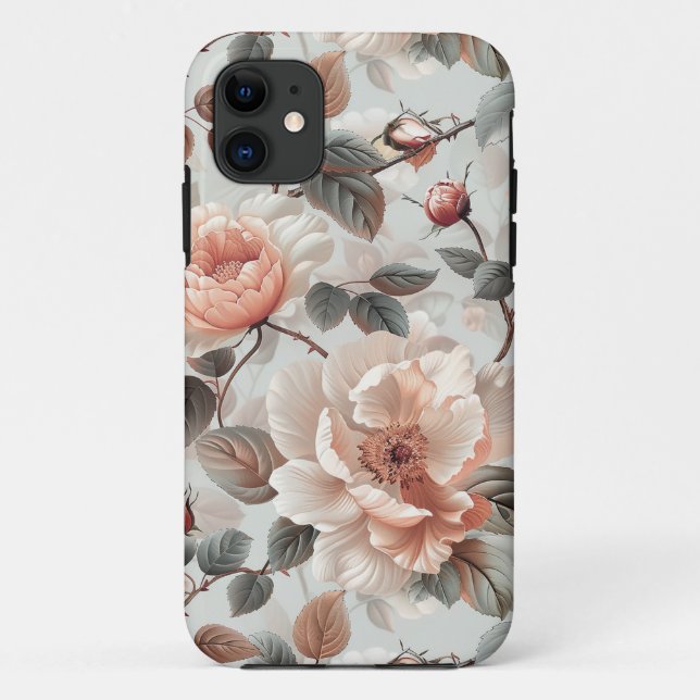 Cream flowers with grey leaves on a light grey  Case-Mate iPhone case (Back)