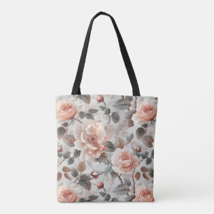Cream flowers with grey leaves on a light grey  tote bag