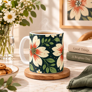 Cream Flowers with Red Centres & Green Leaves Coffee Mug