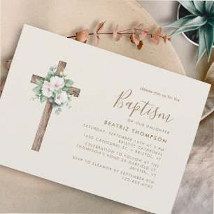 Cream Flowery Cross Modern Script Baptism Invitation