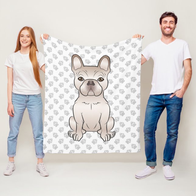 Cream French Bulldog / Frenchie Dog & Paw Pattern Fleece Blanket (In Situ)