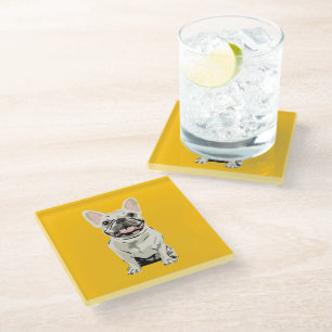 Cream French Bulldog, I Love my Dog Glass Coaster