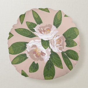 Cream Garden Harmony: Camellias and Greenery Round Cushion