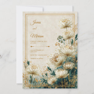 Cream Gilded Astrantia Teal Watercolor Wedding Invitation