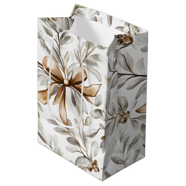 Cream Gingerbread Christmas Bows Medium Gift Bag (Front Angled)