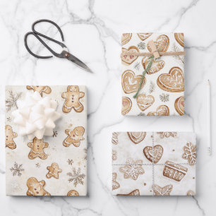 Cream Gingerbread Christmas Hearts Snowflakes Wrapping Paper Sheet