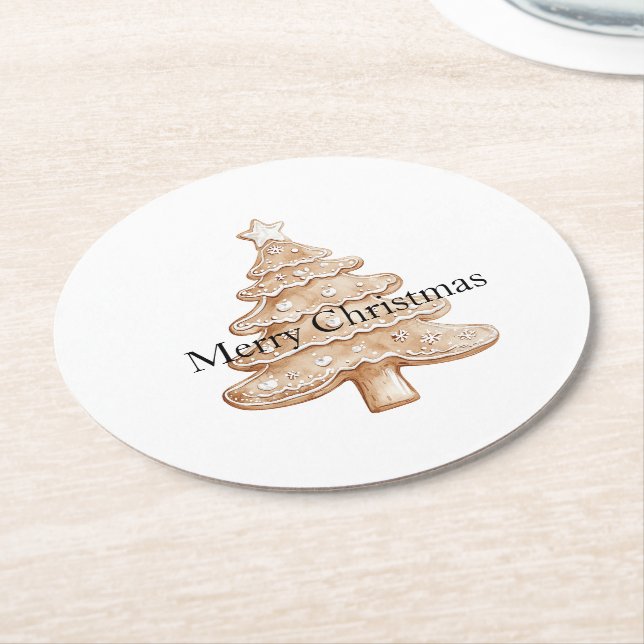 Cream Gingerbread Christmas Tree Round Paper Coaster (Angled)