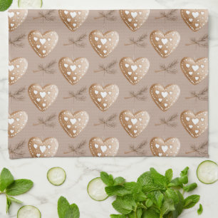 Cream Gingerbread Cookie Hearts Christmas Tea Towel