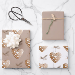 Cream Gingerbread Cookie Hearts Christmas Wrapping Paper Sheet