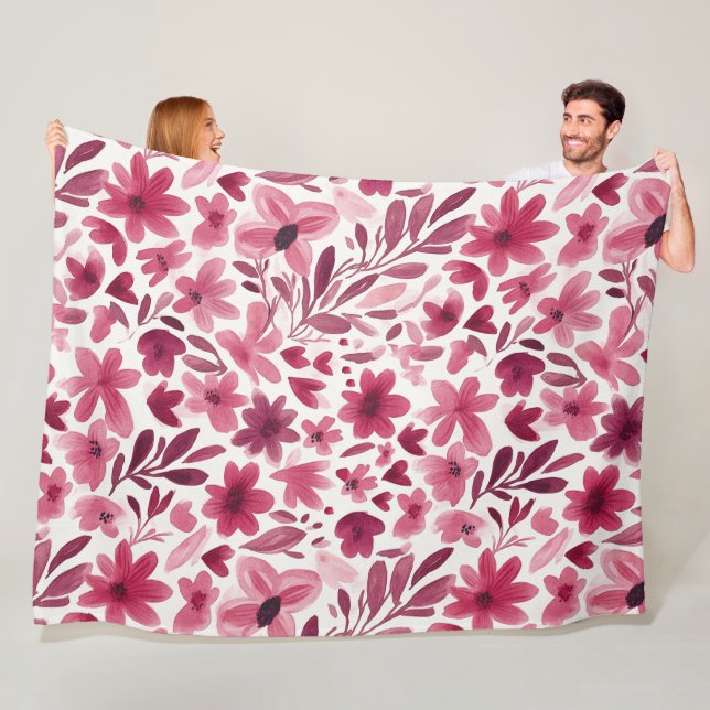 Cream Girly Pink Red Flowers Hearts   Fleece Blanket (In Situ)