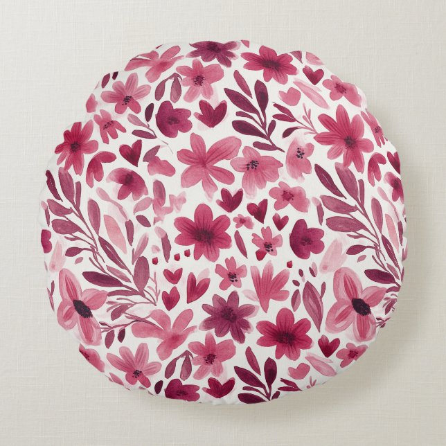 Cream Girly Pink Red Flowers Hearts   Round Cushion (Front)