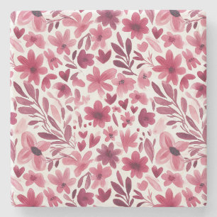 Cream Girly Pink Red Flowers Hearts   Stone Coaster