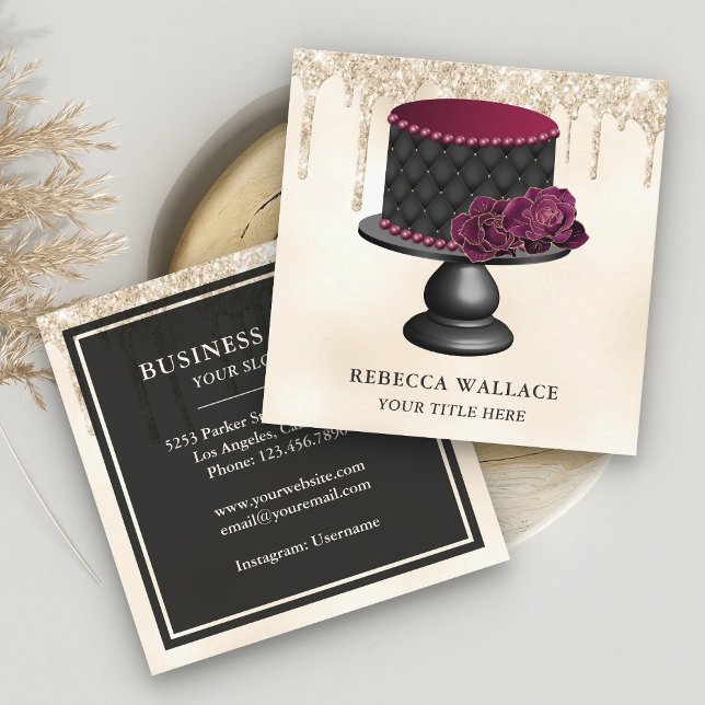 Cream Glitter Burgundy Floral Tufted Cake Bakery Square Business Card (Creator Uploaded)