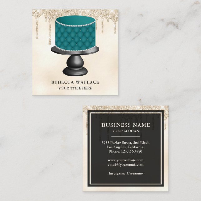 Cream Glitter Teal Tufted Cake Bakery Square Business Card (Front/Back)