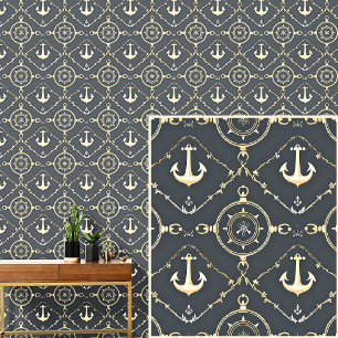 Cream Gold Anchors & Compass  Dark Grey Blue Wallpaper