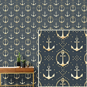 Cream Gold Anchors & Rope on  Dark Gray Blue Wallpaper