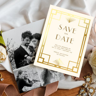 Cream Gold Art Deco Photo Collage Wedding Save The Date