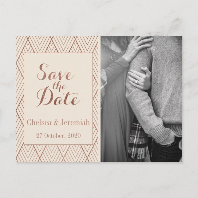 Cream Gold Art Deco Photo Save the Date Postcard (Front)