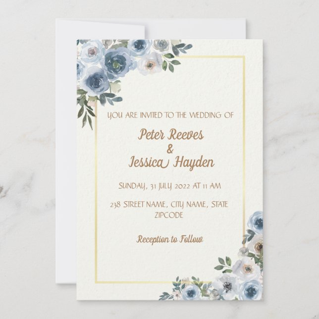 Cream, Gold Border & Blue Flowers Wedding  Invitation (Front)