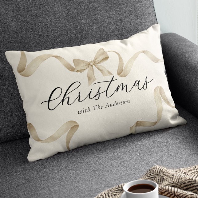 Cream Gold Bow Family Christmas Lumbar Cushion (Creator Uploaded)