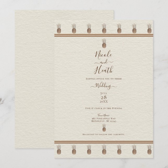 Cream Gold Brown Pineapple Minimal Elegant Wedding Invitation (Front/Back)