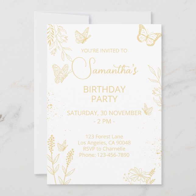 Cream & Gold Butterfly Birthday Invitation (Front)