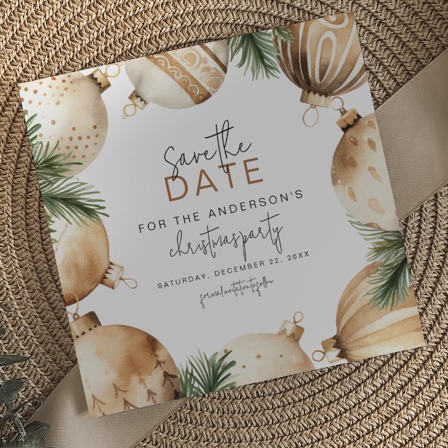 Cream & Gold Christmas Tree Ornaments Party Save The Date (Creator Uploaded)