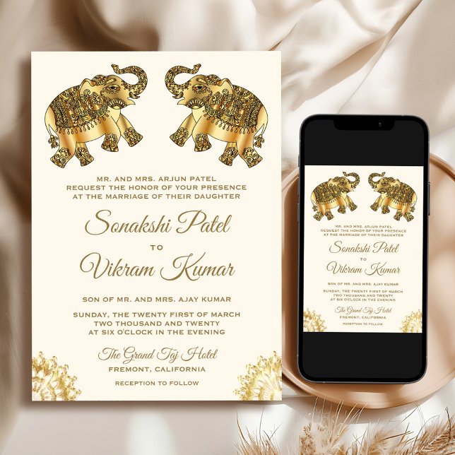 Cream Gold Ethnic Elephants Indian Wedding Invitation (Creator Uploaded)