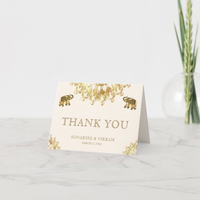 Cream Gold Ethnic Elephants Indian Wedding Thank You Card (Front)