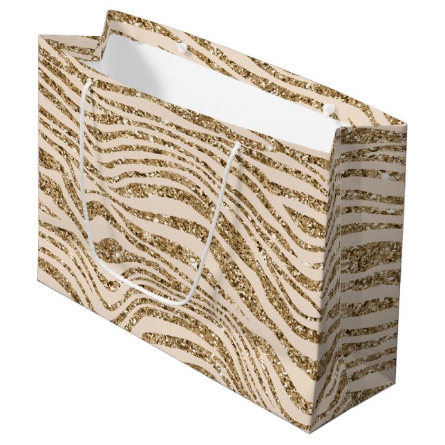 Cream Gold Faux Glitter Zebra  Large Gift Bag (Front Angled)