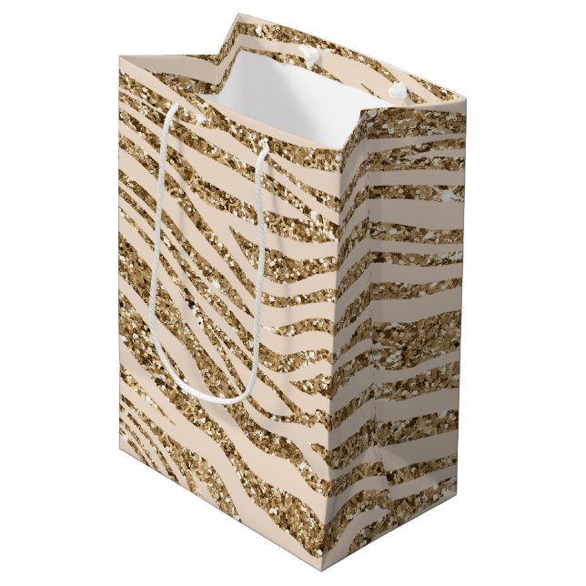 Cream Gold Faux Glitter Zebra  Medium Gift Bag (Front Angled)