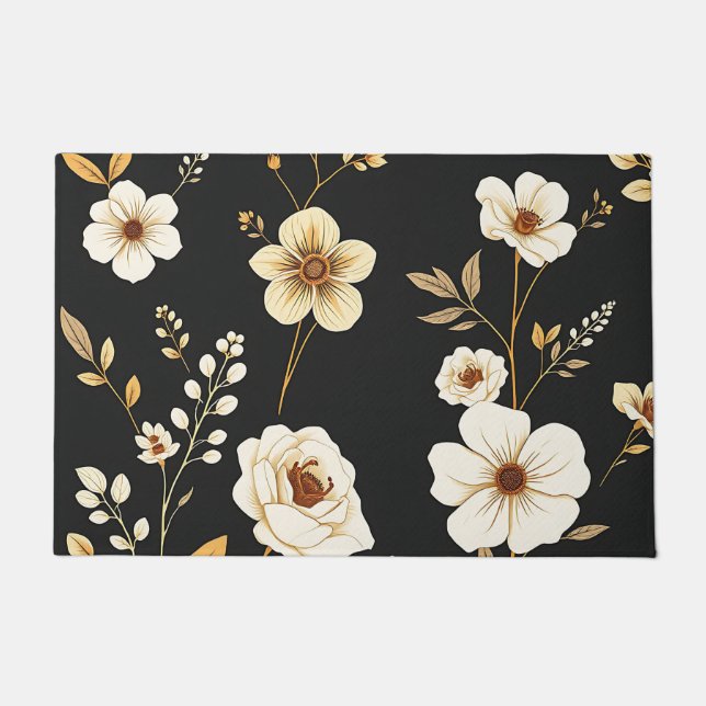 Cream Gold Floral Black Pattern Doormat (Front)